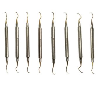 Set of 8 Gracey curettes, anatomical hollow handle 10mm titanium coating
